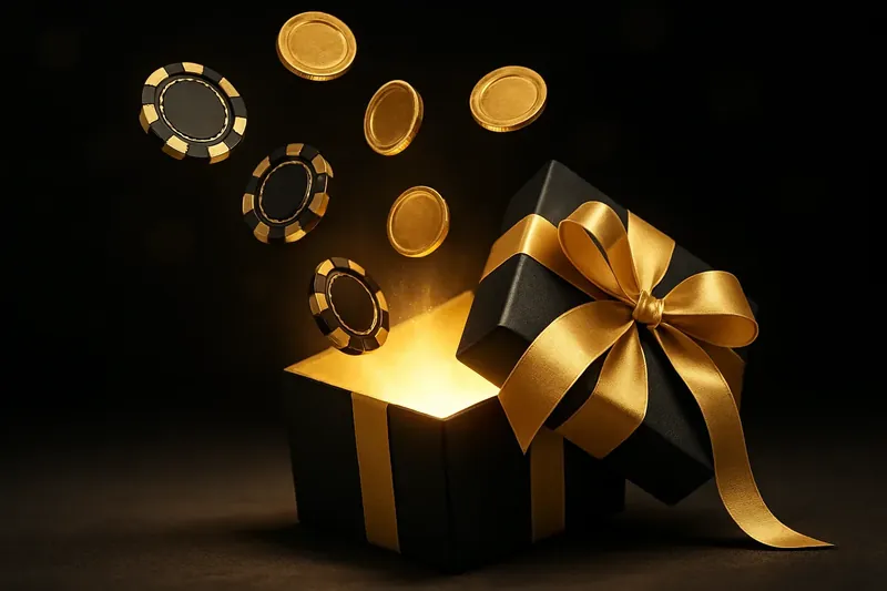 Premium gift box opening with gold light, casino chips and coins