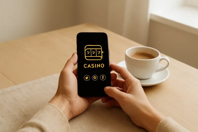 Person at café table using smartphone with dark casino app