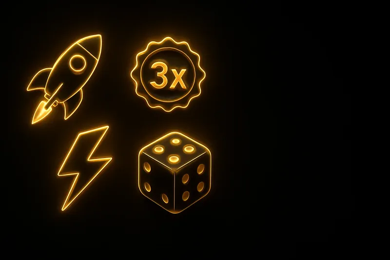 Glowing instant game icons with rocket, dice, coin, and lightning
