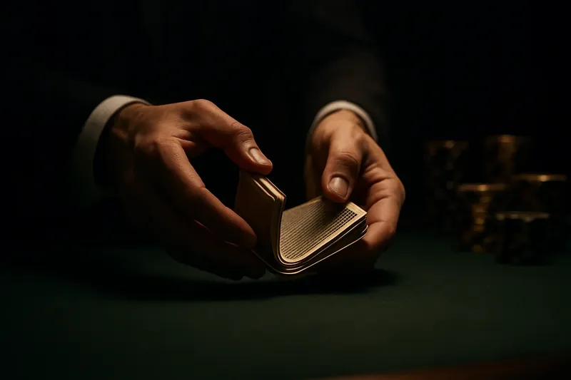Close-up dealer hands shuffling cards above green felt table