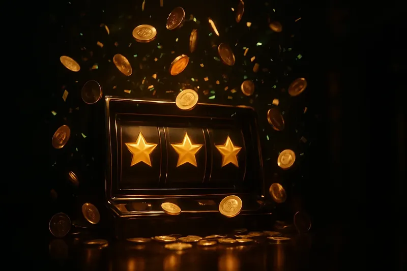 Golden coins raining over winning slot screen with neon confetti